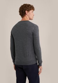 Grauer Strickpullover mit langen Ärmeln, Rundhalsausschnitt und gerippten Bündchen und Saum. Glatte Textur, leichtes Material. Von hinten präsentiert.