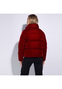 Červená sametová péřová bunda s vysokým límcem, prošívaným vzorem a kontrastní textura. Má zkrácený střih a elegantní siluetu.