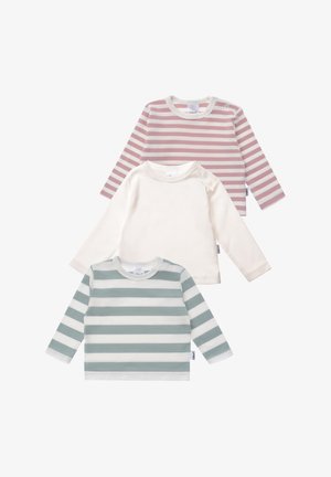 Drei Langarmshirts: eines mit pink-weißen Streifen, eines in einfarbig Elfenbein und eines mit grün-weißen Streifen. Weicher Stoff, runder Halsausschnitt.