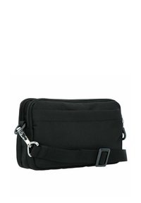 Borsa nera con zip realizzata in tessuto texturizzato, dotata di una tracolla rimovibile, multiple tasche e accessori in metallo color argento.