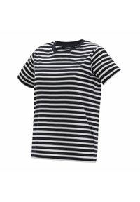 Kurzärmeliges schwarz-weiß gestreiftes T-Shirt mit Rundhalsausschnitt und kleinem Logo am linken Ärmel.