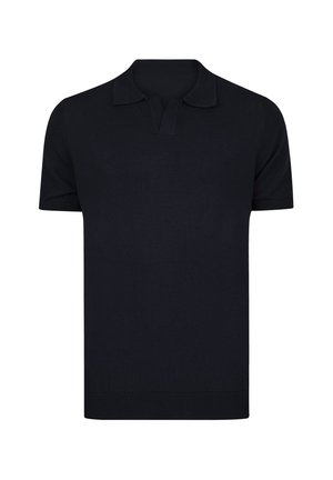 Black short-sleeved polo shirt featuring a classic collar, a half-button placket, and ribbed cuffs and hem. Made from smooth fabric.