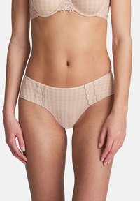 Beige bikini brief with a checked pattern, floral lace accents on the sides, and a soft fabric texture. Features a mid-rise design.