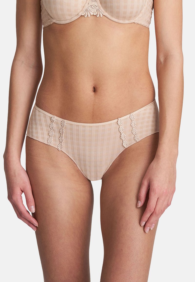 Beige bikini brief with a checked pattern, floral lace accents on the sides, and a soft fabric texture. Features a mid-rise design.