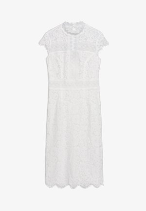 Valge pitskleit, millel on lilleline muster, kõrge kaelus, lühikesed varrukad ja sakiline äär. Tekstureeritud kangas, millel on läbipaistvad detailid.