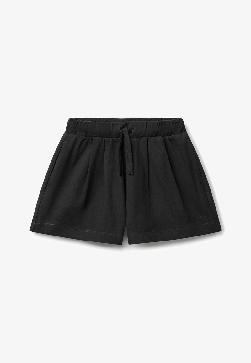 Shorts en coton noir avec taille élastique et cordon de serrage réglable. Présentent des poches latérales et une coupe décontractée avec un design plissé.