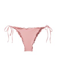 Růžové bikini kalhotky s vlnitými okraji a nastavitelnými šňůrkami na každé straně. Vyrobeno z hladké látky, s klasickým nízkým pasem.