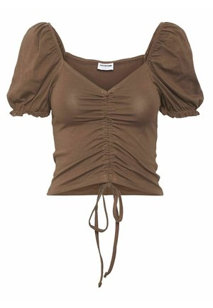 Blouse courte marron avec manches courtes bouffantes, front froncé, encolure en V et cordon ajustable à l'ourlet.