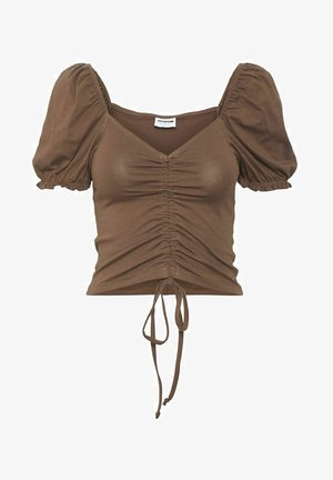 Brązowa krótka bluzka z bufkami na krótkich rękawach, marszczonym przodem, dekoltem w serek i regulowanym sznurkiem u dołu.