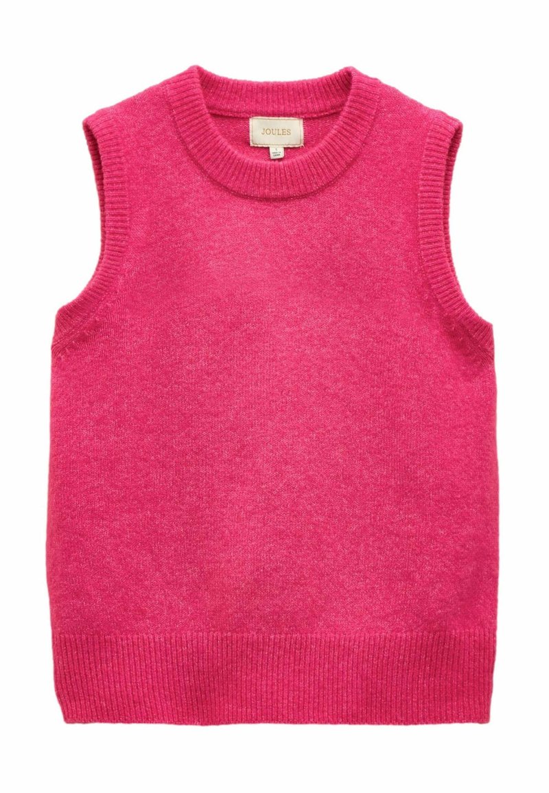 Fuksia ilma varrukatega kampsun, ümmarguse soonikuga kaelusega ja soonikservaga. Pehme tekstuur ja sile viimistlus. Brändi silt: Joules.