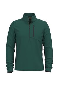 Suéter de manga larga, color verde oscuro, con cuello de cremallera. Presenta un bolsillo en el pecho y acentos en negro contrastante en los puños y el bolsillo. Textura suave.