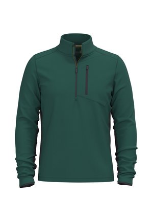 Donkergroene pullover met lange mouwen en een ritskraag. Voorzien van een borstzak en contrasterende zwarte accenten op de manchetten en de zak. Soepele textuur.