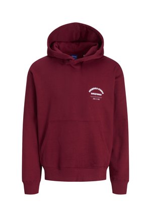 Sudadera con capucha de color marrón oscuro, hecha de algodón, con un bolsillo tipo canguro, puños de canalé y un logo impreso en blanco en el pecho.