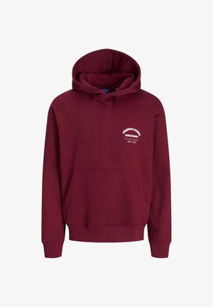 Tumedate hooded sviiter, mis on valmistatud puuvillast, koos ees oleva tasku, soonikkoes varrukate ja rinna peal olevate valgete trükitud logodega.