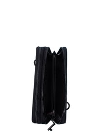 Black zippered wallet open to show inner compartments and a central zippered pocket, isolated on white background.
