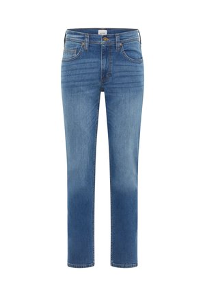 Jeans de mezclilla azul con diseño de pierna recta. Presentan cinco bolsillos, costuras amarillas contrastantes y un lavado desvanecido en las piernas.