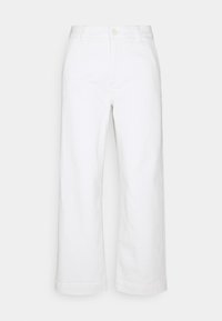 Pantalones anchos blancos de algodón, con cintura alta, cierre frontal de botones y sin patrones o adornos visibles.
