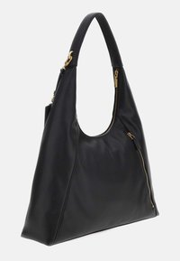 Sac à épaule en cuir noir avec une finition texturée, doté d'une poignée incurvée, de détails zippés et d'accents en métal doré.