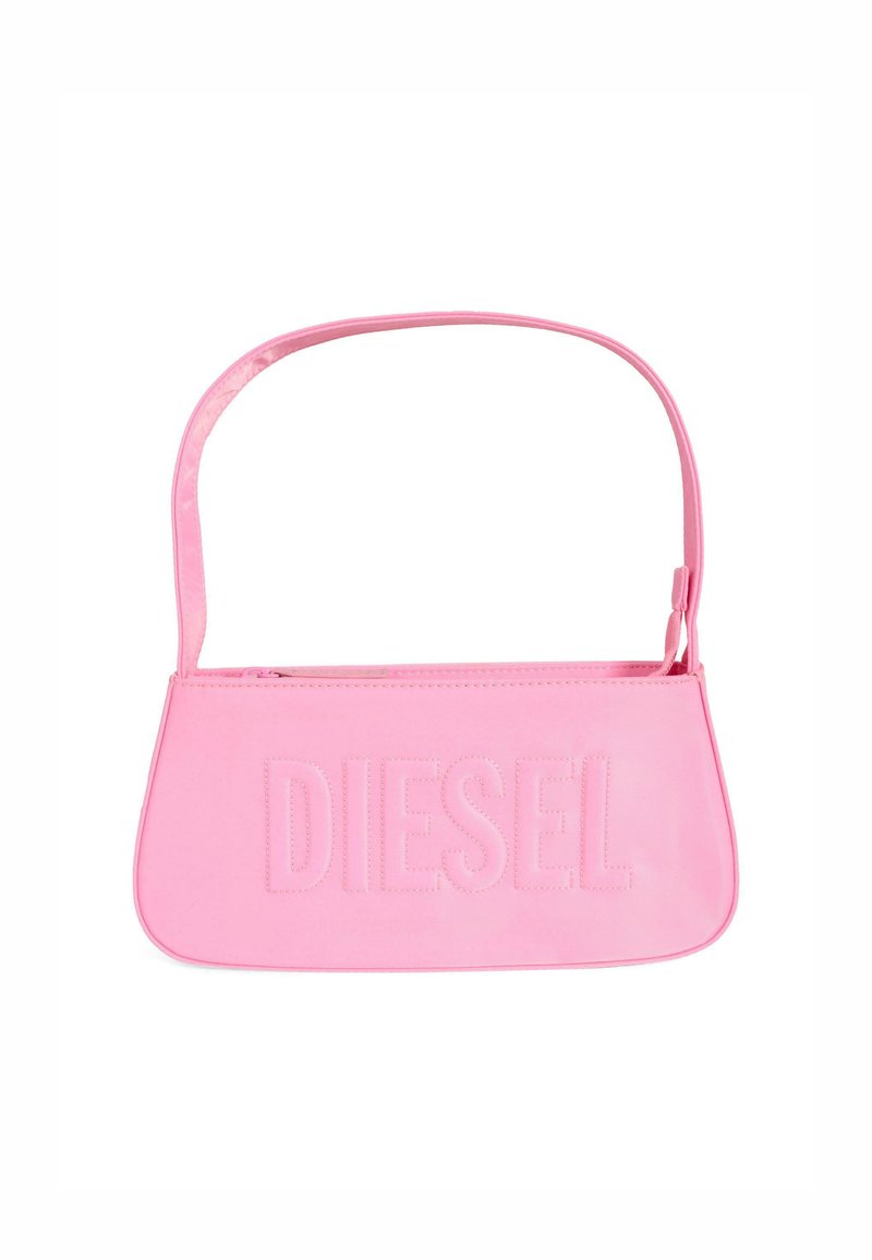 Roze synthetische handtas met een gestructureerde vorm, voorzien van een ritssluiting en een reliëf "DIESEL" logo aan de voorkant. Vergezeld van een dunne schouderband.