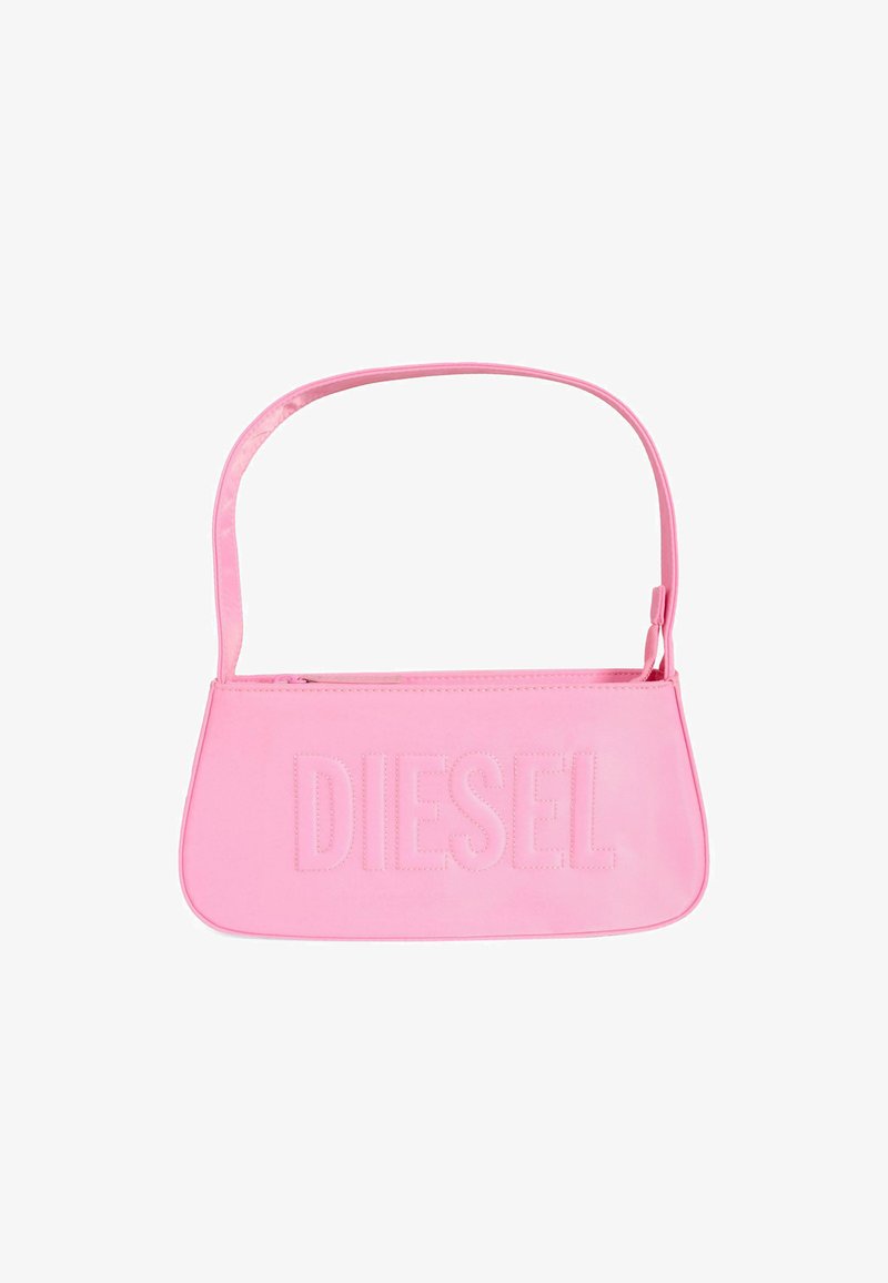 Roze synthetische handtas met een gestructureerde vorm, voorzien van een ritssluiting en een reliëf "DIESEL" logo aan de voorkant. Vergezeld van een dunne schouderband.