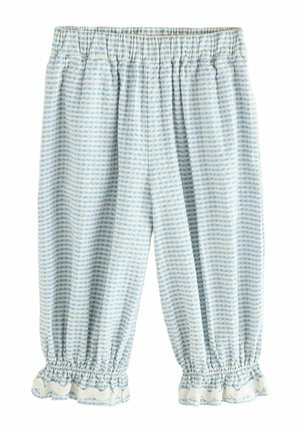 Lichtblauwe en witte gestreepte peuterbroek met elastische tailleband en gerimpelde elastische pijpen met witte golfbies.