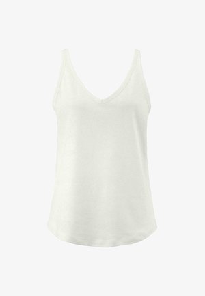 Witte katoenen tanktop met een diepe V-hals, mouwloos design en licht afgeronde zoom. Glad textuur en minimale stikseldetails.