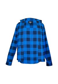 Camisa de franela a cuadros en azul y azul oscuro con mangas largas y capucha. Presenta un cierre de botón en la parte delantera y un dobladillo curvado. Textura suave.