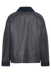 Dunkelgraue Jacke mit Cordkragen und -manschetten. Verfügt über einen lockeren Schnitt, fallende Schultern und eine glatte Textur.
