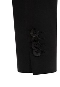 Black suit sleeve featuring a tailored design, with four black buttons and decorative stitching accenting the cuff. Smooth texture.