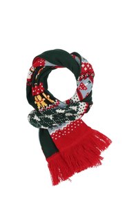 Scarf lavorato a maglia in rosso, verde e blu con motivi a tema natalizio; estremità frangiate; texture morbida; presenta fiocchi di neve e design festivi.
