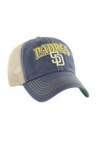 Dunkelblaues Cap mit beigem Netzrücken, das den gelben Text "PADRES" und das weiße "SD"-Logo zeigt. Weicher Stoff, gebogener Schirm und kontrastierende Nähte.