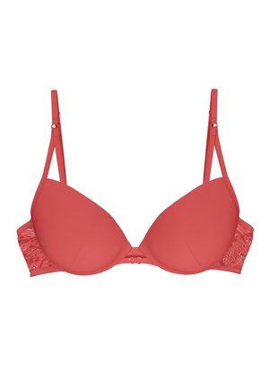Koralowy biustonosz z fiszbinami, gładkim przodem i koronkowymi zdobieniami po bokach. Regulowane ramiączka i zapięcie na haftkę z tyłu.