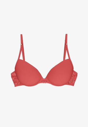 Reggiseno con ferretto color corallo, con fronte liscia e dettagli in pizzo sui lati. Spalline regolabili e chiusura con gancio sul retro.