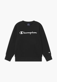 Felpa nera a maniche lunghe Champion con testo del logo bianco sul petto e piccolo emblema sul polsino sinistro, taglia piccola.