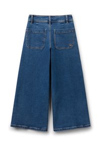 Modré denimové culoty s širokými nohavicemi a vysokým pasem, se dvěma zadními kapsami a kontrastním prošíváním. Hladká textura, bez viditelných vzorů.