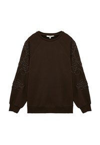 Sudadera marrón con patrón floral bordado en las mangas, escote redondo y puños acanalados. Confeccionada en tela suave con un corte relajado.