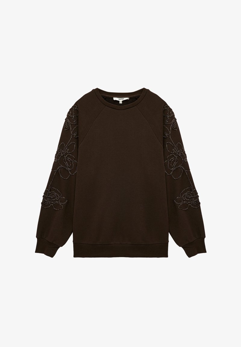 Sudadera marrón con patrón floral bordado en las mangas, escote redondo y puños acanalados. Confeccionada en tela suave con un corte relajado.