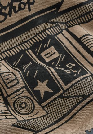 Beige fabric featuring a black illustrative design of a shop front, with windows, signs, stars, and various lines and patterns.