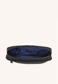 Black zippered bag with a smooth exterior and a contrasting blue interior lining, featuring a simple design and no visible hardware.