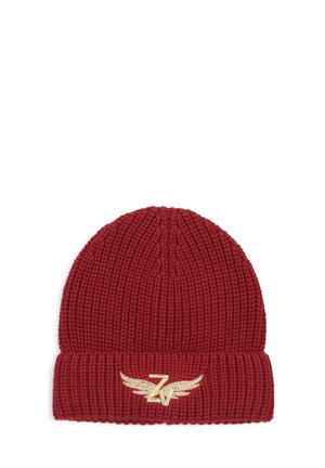 Bonnet en tricot rouge avec revers présentant un logo "7F" brodé en or avec des ailes au centre devant.