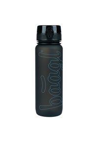 Borraccia in acciaio inossidabile nero opaco con superficie testurizzata, design del logo blu e un coperchio a vite nero con beccuccio.