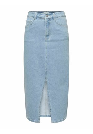 Gaiši zils džinsu svārki ar priekšējo šķēlumu, piecu kabatu dizainu un pogu aizdari jostasvietā. Klasiska taisna piegriezuma un gluda tekstūra.
