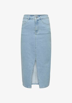 Gaiši zils džinsu svārki ar priekšējo šķēlumu, piecu kabatu dizainu un pogu aizdari jostasvietā. Klasiska taisna piegriezuma un gluda tekstūra.