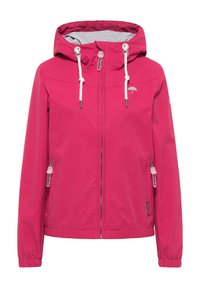 Rosa vattentät jacka med huva, dragsnören, fickor med dragkedja och elastiska muddar. Har en diskret logotyp på bröstet. Slät textur.
