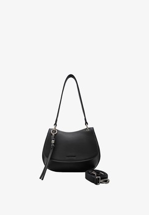 Sac à épaule en cuir noir avec une forme arrondie, des accents en métal argenté, une bandoulière amovible et une finition texturée.