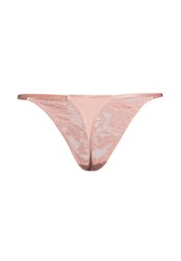 String en dentelle de couleur rose pâle avec des motifs floraux délicats et des bretelles latérales fines, comportant une taille lisse en satin.