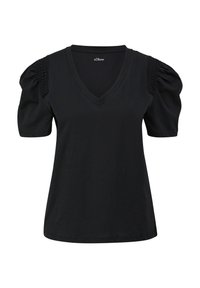 Zwarte korte mouwen V-hals t-shirt met opgezette schouders en textuurdetails. Gemaakt van zacht materiaal, waardoor het een ontspannen pasvorm biedt.