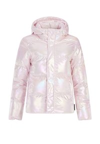 Huvtröja i iridescent ljusrosa material. Har en kviltad design, framfickor och dragkedja. Slät textur.