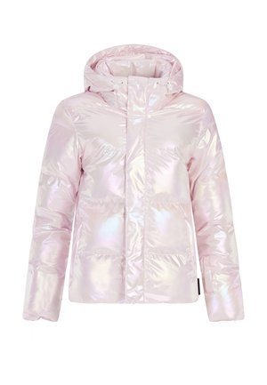 Veste en duvet à capuche en matériau rose clair irisé. Dotée d'un design matelassé, de poches avant et d'une fermeture éclair. Texture lisse.