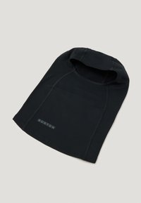Hanorac negru ușor, proiectat cu o textură netedă, având cusături decorate și un etichetă cu logo la margine. Design cu față deschisă pentru ventilație.